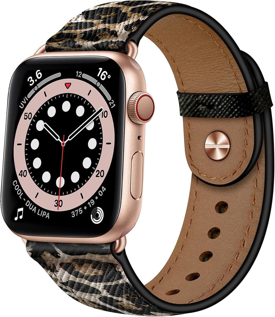 OUHENG Leather Bands Compatible with Apple Watch Band 42mm/41mm/40mm/38mm, Genuine Leather Replacement Strap for iWatch SE3 SE2 SE Series 11 10 9 8 7 6 5 4 3 2 1 (Leopard/Rose Gold)