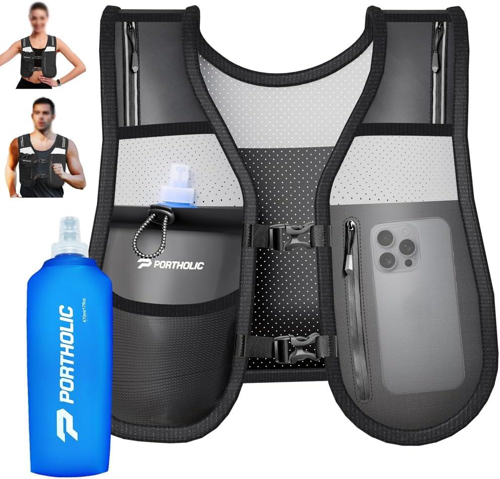 PORTHOLIC Running Vest for Women Men with 17oz Water Bottle |Adjustable Hydration Vest|Reflective |Lightweight |6 Pockets |Breathablefor Running Accessories for Hiking (Medium, Black)