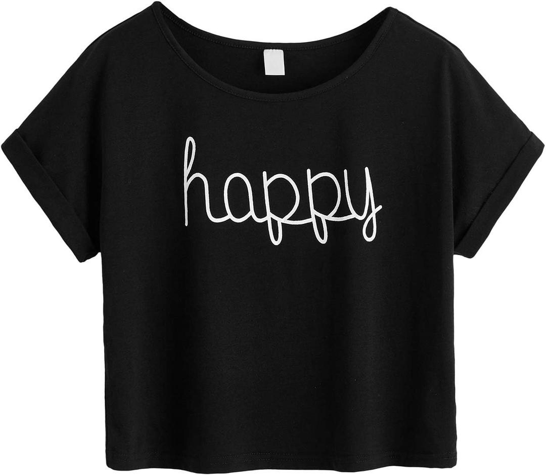 SweatyRocks Women's Tie Dye Crop Tops Crewneck Short Sleeve Letter Print T Shirt Streetwear (Black, L)