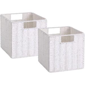 Vagusicc Wicker Storage Basket, Set of 2 Hand-Woven Storage Baskets for Organizing, Foldable Cube Storage Bins, 11 Inch Wicker Storage Baskets for Shelves and Decor, Square Closet Organizer, White