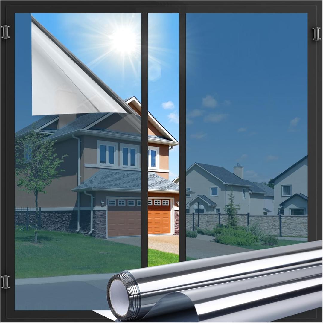 LUTE One Way Window Privacy Film, Window Tint for Home, Sun Blocking UV Heat Blocker, See Out Not in Reflective Mirror Film, Removable Static Cling Glass Door Coverings, Silver, 23.6" x 78.7"