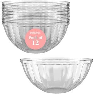 Prestee Clear Plastic Serving Bowls, 48 Oz. 12 Pack - Round Disposable Bowls, Punch, Party, Chip Bowl Containers - for Candy, Salads, Parties, & Serving Food - Large Salad Bowl Dish for Eating