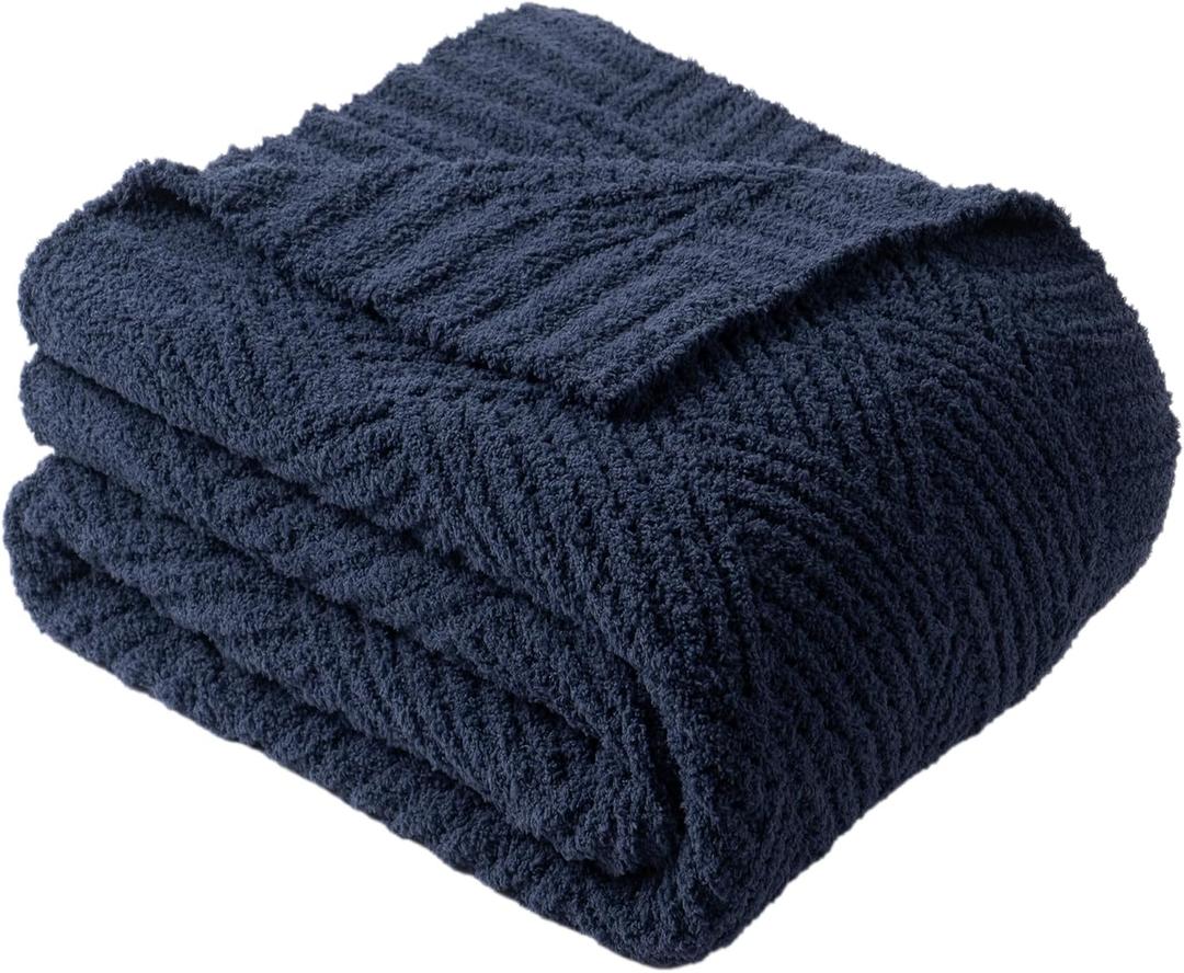 Battilo Navy Chenille Throw Blanket for Couch, Soft Diamond Textured Knit Blanket, Cozy Lightweight Decorative Blankets for Sofa, 50"x60"