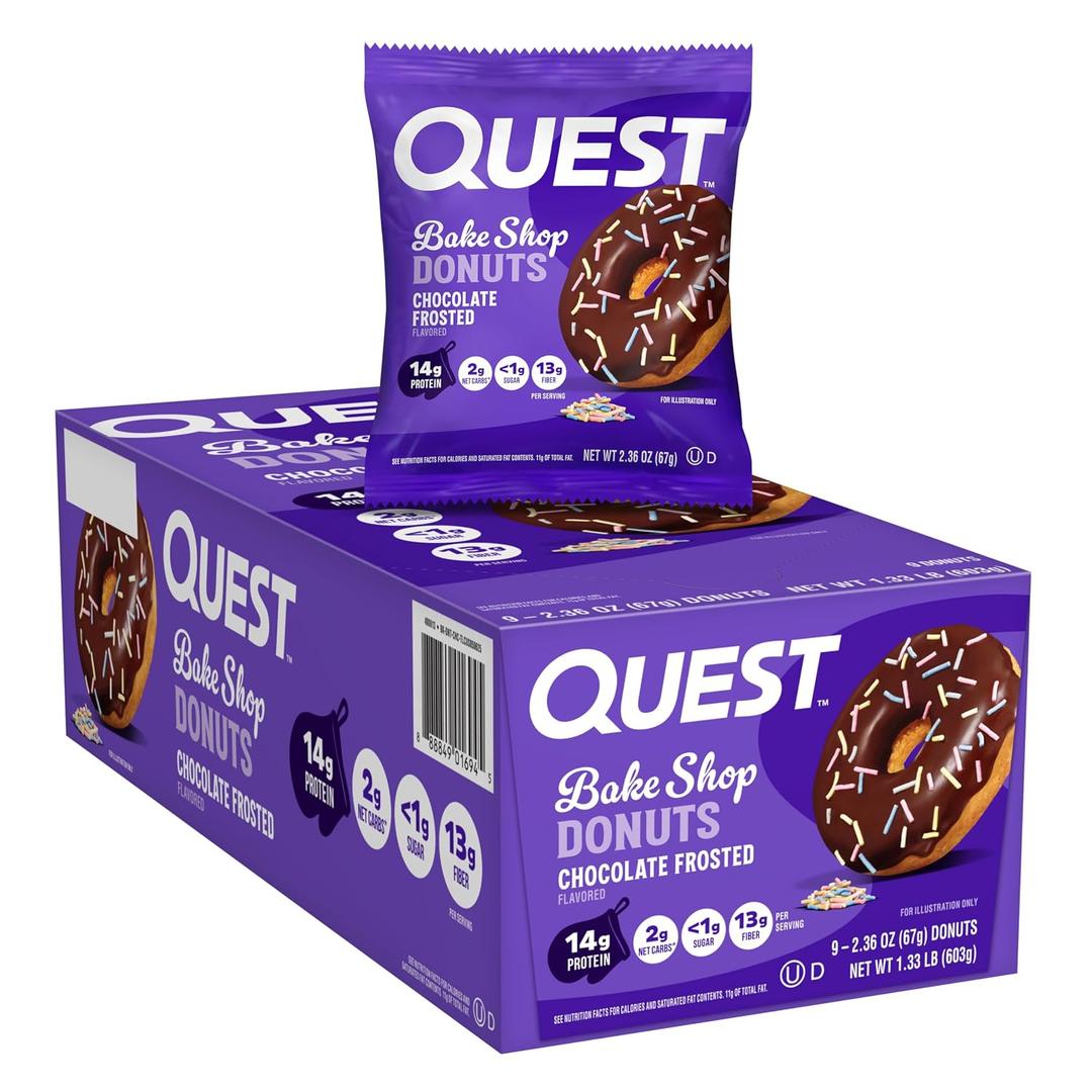 Quest Nutrition Bake Shop, Chocolate Frosted Donuts, 14g Protein, Less than 1g Sugar, Protein Snack, Low Sugar, 9 Count (EXP 11/07/26)