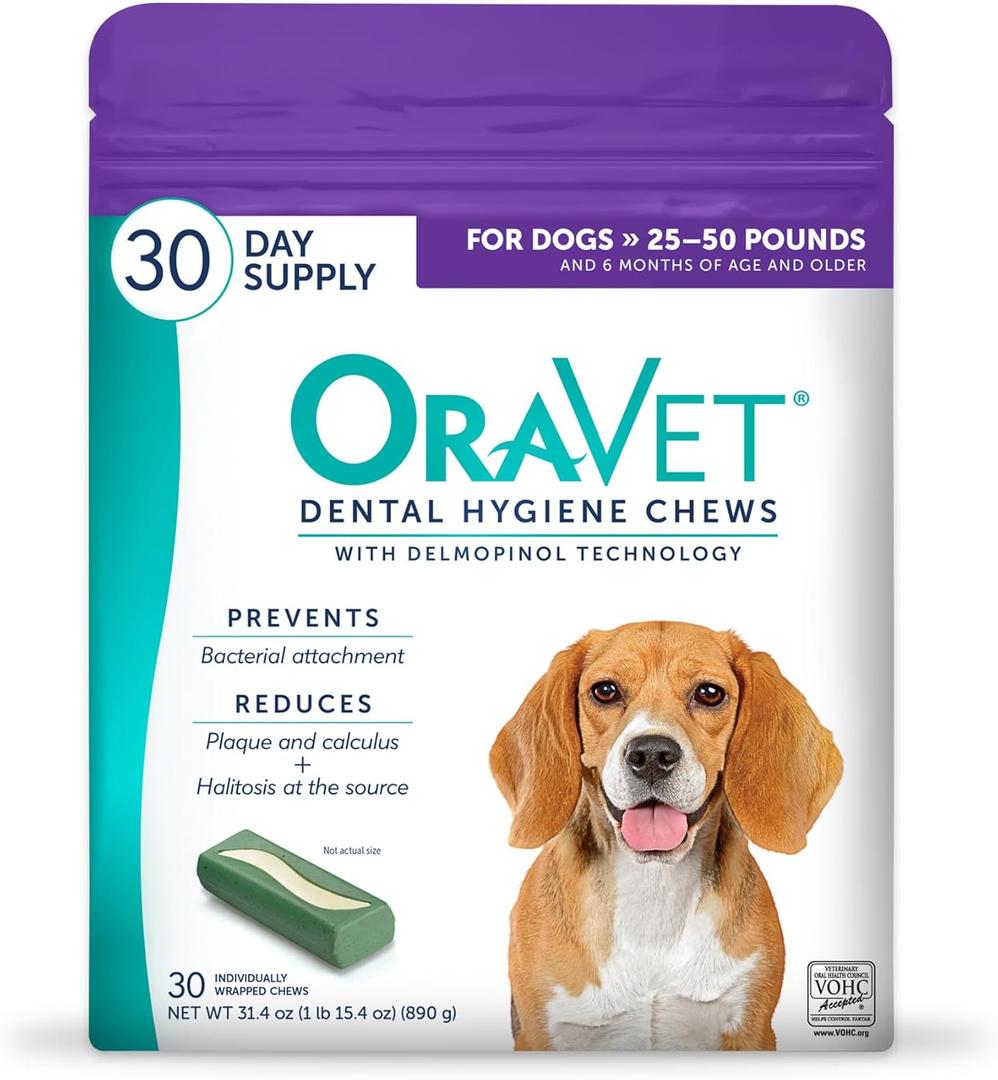 ORAVET Dental Chews for Dogs, Oral Care and Hygiene Chews (Medium Dogs, 25-50 lbs.) Purple Pouch, 30 Count (1.11 Ounce (Pack of 30))