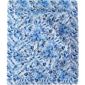 Viviland Floral King Sheet Set - 4 Piece Vintage Blue Big Flower Clusters Patterned Bed Sheets - Soft, Breathable Microfiber Sheets with Deep Pocket, Non-Slip Fitted Sheets & Pillowcases 