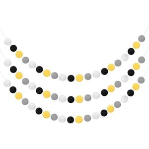 uxcell 3pcs Pom Pom Garland 6.6 ft 30 Balls Colorful Felt Ball Garland for Wall Decor Birthday Banner Easter Party Decorations, Black, White, Grey, Yellow