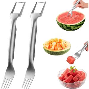 2 x 2-in-1 Stainless Steel Fruit Cutter, 2024 New Upgrade Dual Head Watermelon Fork Slicer Cutter Tool, Summer Watermelon Fruit Cutting Home Kitchen Gadgets (2Pcs)