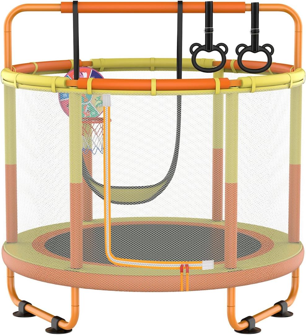LANGXUN 60" Trampoline for Kids, 5ft Mini Toddler Indoor & Outdoor Trampoline with Net, Basketball Hoop & Dart Board, Birthday Gifts for Boys & Girls, Baby Toddler Christmas Toys (Orange Yellow)
