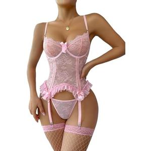 WDIRARA Women's Sexy Lingerie Set Floral Lace Garter Bustier Lingerie Set with 1Pair Fishnet Stocking Size L