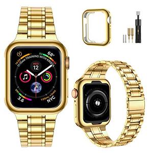 MioHHR Solid Stainless Steel Band Compatible with Apple Watch 38mm(Series 3/2/1) 40mm(Series SE/6/5/4) 41mm(Series 9/8/7) Metal Strap with Soft TPU Case for iWatch Bands for Women and Men, Gold. Size 38/40 mm