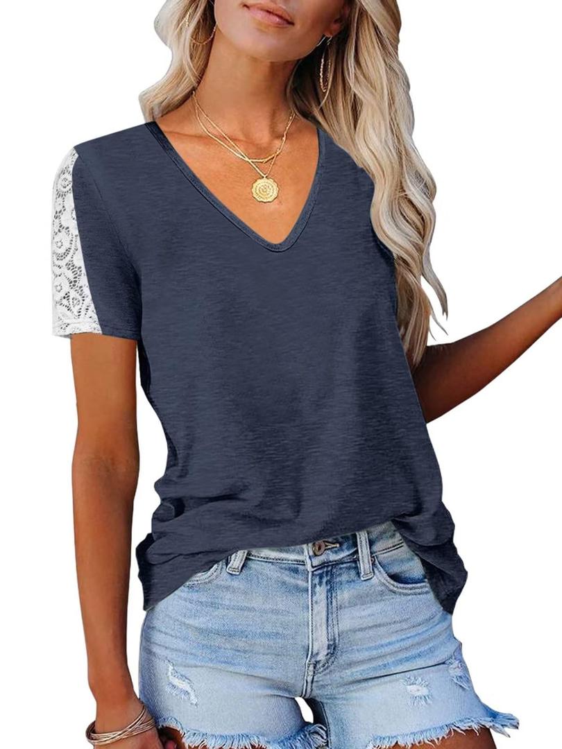 Eachyes Lace Short Sleeve Shirts for Women Trendy Summer Casual V Neck Tops Blouses Navy Blue XX-Large