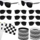 30 Packs Race Car Sunglasses Wristbands Stick Flags for Racing Theme Party Favors Set Race Car Checkered Sunglasses Black and White Silicone Bracelets Flags Set for Kids Racing Birthday Gifts Supplies