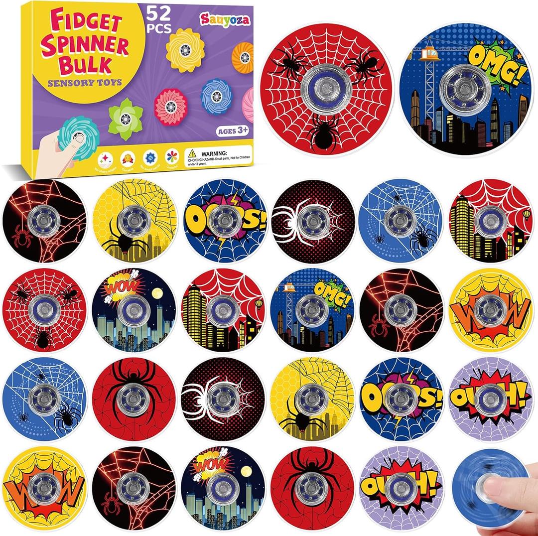 52 Pcs Fidget Spinners Bulk for Kids, Spider Web Hero Theme Party Favors, 1.57" Mini Fidget Toys for Goodie Bag Stuffers, Classroom Prizes, Sensory Toys for Boys Girls Birthday Gift