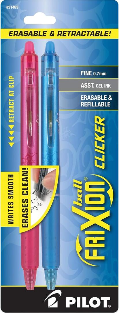 PILOT FriXion Clicker Erasable, Refillable & Retractable Gel Ink Pens, Fine Point, Assorted Color Inks, 2-Pack (31483)