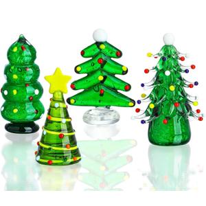 HDCRYSTALGIFTS Set 4 Blown Glass Christmas Tree Figurine Collectible 2.5'' Art Glass Statue Holiday Decoration Sculpture Festival Gifts Home Arts