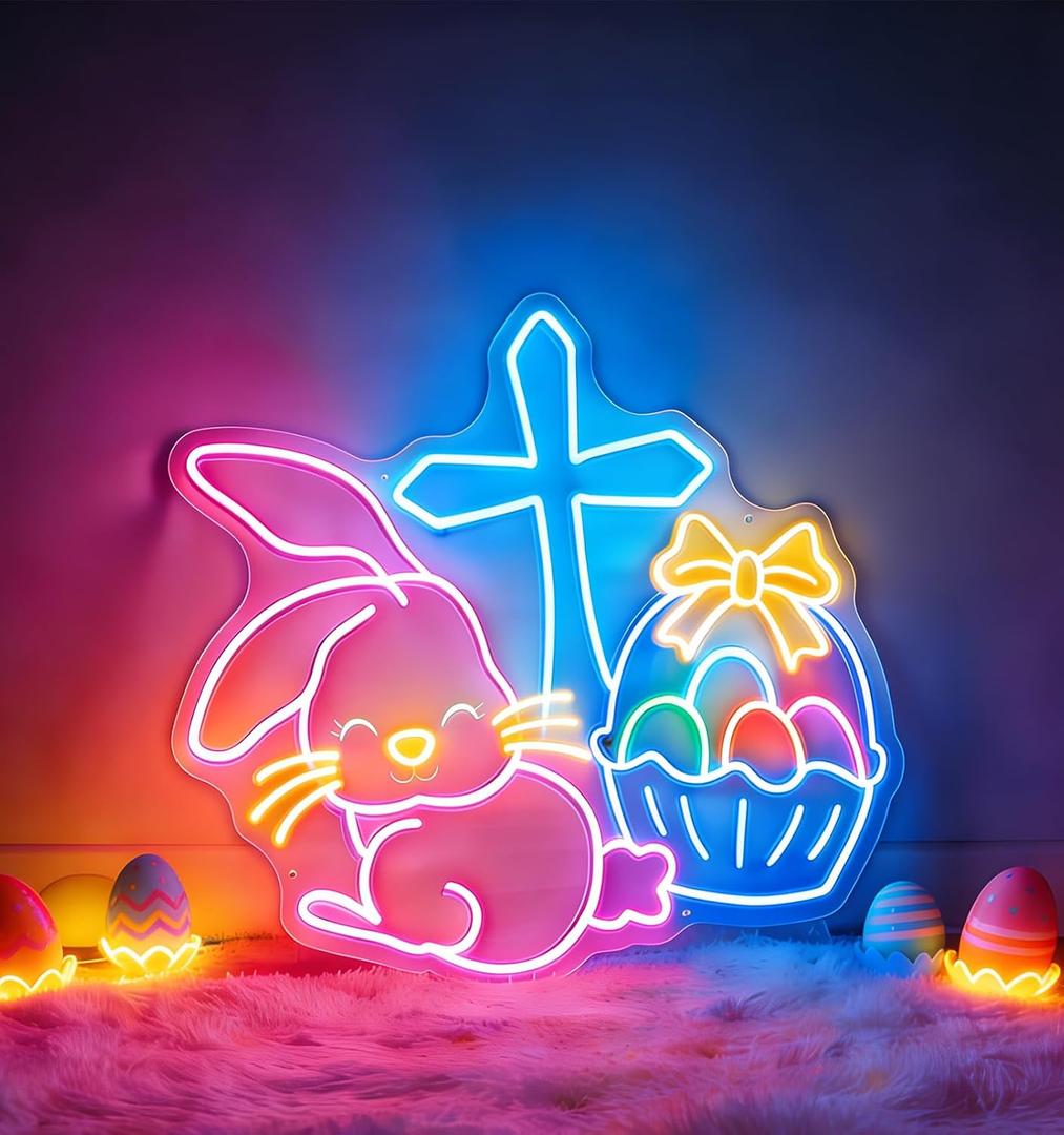 Easter Bunny Cross Neon Signs for Wall Decorations, LED Easter Rabbit Egg Basket Lights Gifts Christian Wall Art USB Dimmable, Colorful Neon Window Lights for Party Bedroom Office Door Bar Church, 15.7 inches by 17.7 inches