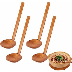 4 PCS Japanese Soup Spoon Wooden Ramen Spoons with Long Handle, Tortoise Pot Spoon for Porridge Restaurant, Household, Eating Mixing Stirring Cooking (22 Solid)