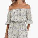 EXLURA Women's Summer Floral Romper Dress Off Shoulder Ruffle Elastic Wasit Wide Leg Shorts Jumpsuit Vacation Beach 2025, 2XL