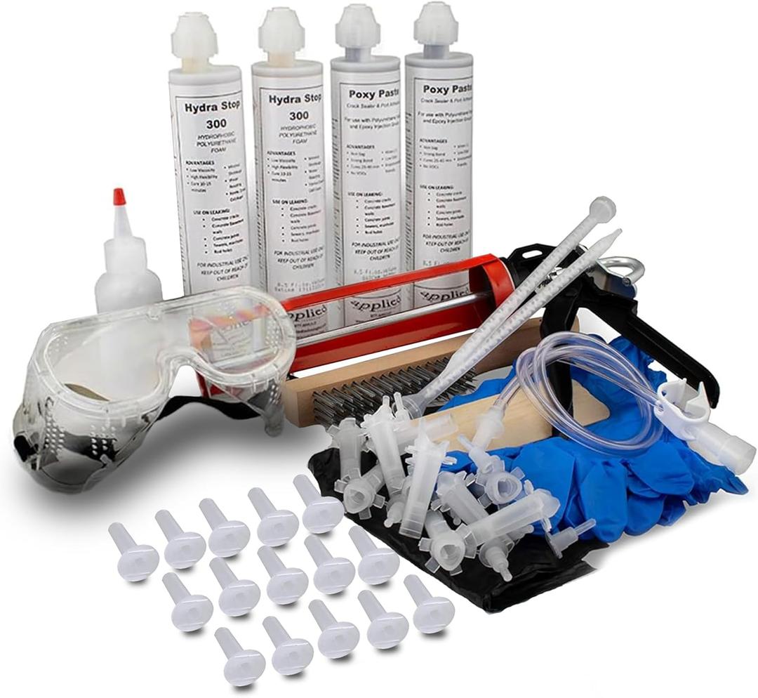 6-10' Fast Set Concrete Foundation Crack Repair Kit - Hydra Stop 300 Polyurethane Foam for Wall Cracks, Prevents Basement Flooding, Quick-Setting Waterproof Sealing Solution