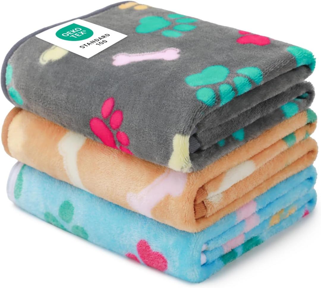 Luciphia 1 Pack 3 Blankets Fluffy Premium Fleece Pet Blanket Flannel Paw Printed Throw for Dog Cat(Medium 30x20'', Grey/Brown/Blue)