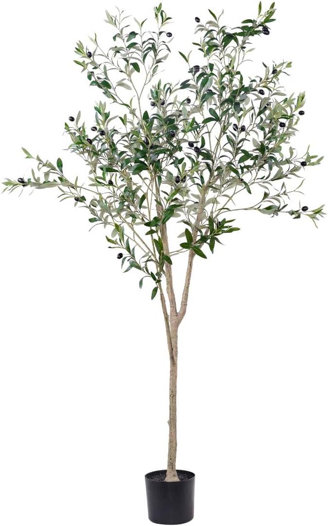 Artificial Olive Tree for Living Room Decor, 6FT Tall Faux Silk Plant Artificial Tree in Potted Oliver Branch Leaves and Fruits for Modern Home Decor Indoor (6FT Olive Tree)
