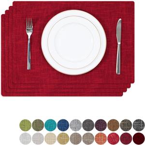 Kevin Textile Burlap Linen Placemats Set of 4 Valentines Day Heat Resistant Dining Table Place Mats Washable Kitchen Table Mats, 13 x19 inches, Burgundy