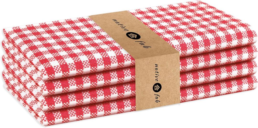 Native Fab Set of 4 Gingham Mini Check Cloth Dinner Napkins 100% Cotton 16x16 inches Soft Comfortable Absorbent Restaurant Hotel Quality - Easy Care Washable Wedding Daily Everyday Use - Red White