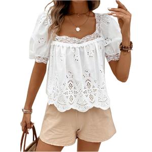 SweatyRocks Women's Square Neck Puff Sleeve Eyelet Lace Hollow Out Embroidered Top Blouse (Medium, White)