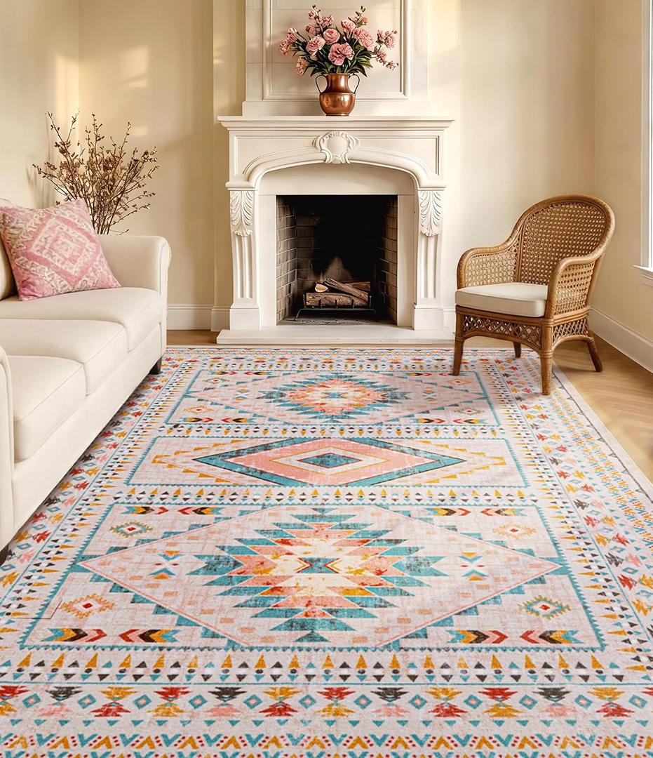 YIHOUSE Pink Tribal Rugs for Living Room, Washable 8x10 Area Rug, Non-Slip Boho Large Rug for Bedroom, Dining Room, Nursery (Pink/Blue)