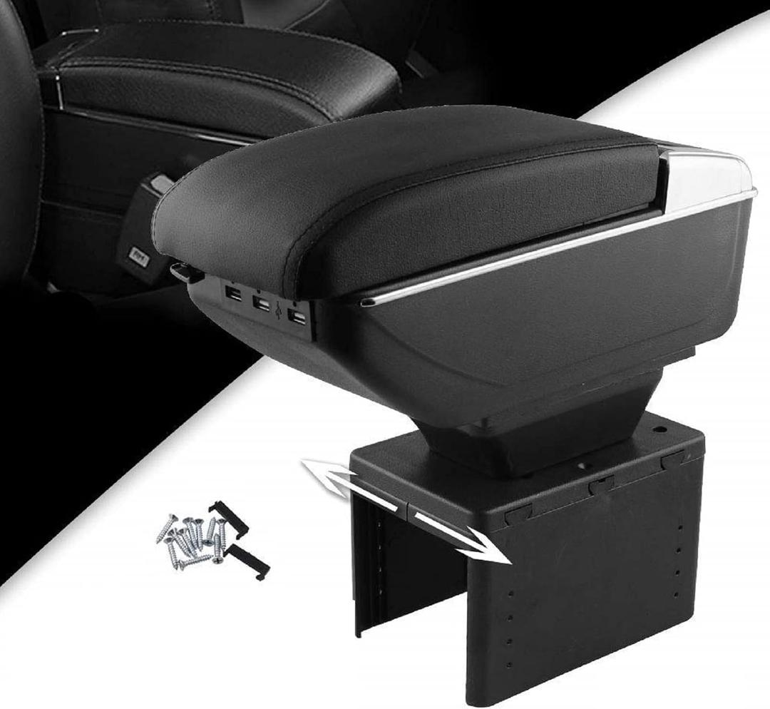 Armrest Box Double Layer Front Center Console Black Leather with Charging 7 USB Ports for Universal Car