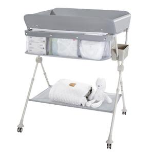 Diaper Changing Table Portable with Wheels Foldable Diaper Station Organizer & Storage Rack Newborn and Baby (Light Grey)
