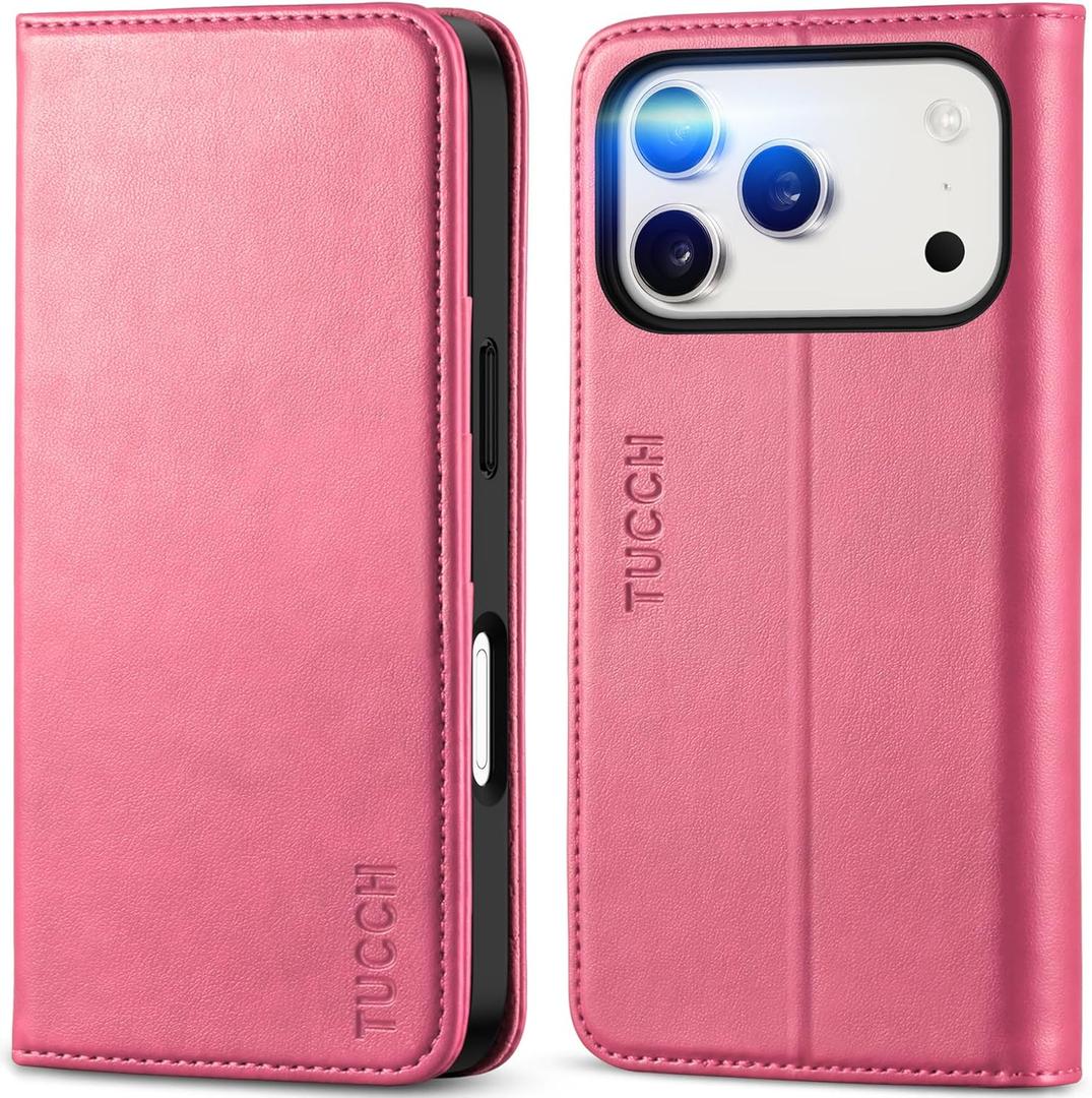 TUCCH Case Wallet for iPhone 17 Pro (6.3-Inch) 2025, [3 Card Slots] Kickstand [RFID Blocking] PU Leather Case, Flip Folio Cover with [TPU Shockproof Interior Shell], Hot Pink