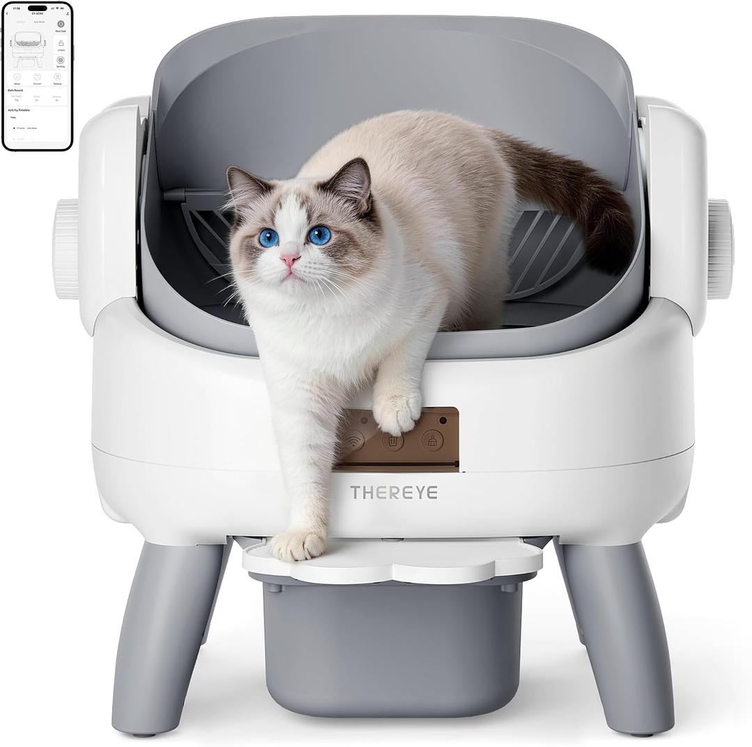 Thereye Automatic Litter Box, Open-Top Self Cleaning Litter Box with Entry Step, 11 Safety Protections & App Control, 10L Waste Bin with Odor Control Smart Cat Litter Box with Trash Bags/Litter Mat