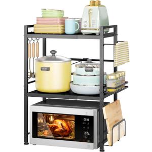 DOLALIKE Microwave Oven Rack, Expandable Microwave Stand Countertop Kitchen Utensils Tableware Storage, Carbon Steel Over Microwave Shelf Countertop with 6 Hooks (3 Tier (With Spice Rack))