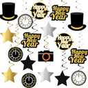 KatchOn, Happy New Year Hanging Swirls 2026 - Pack of 18, NO DIY | New Years Eve Party Supplies 2026 | NYE Decorations 2026 | Happy New Year 2026, NYE Party Favors | Happy New Years Decorations 2026 (Black and Gold With Silver Star)