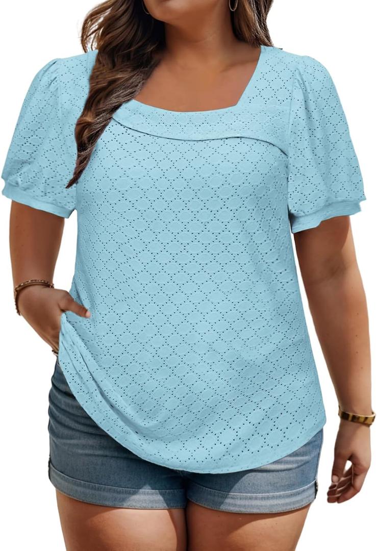 ROSRISS Plus-Size-Tops for Women Summer Puff Short Sleeve Shirts Asymmetrical Neck Cute Eyelet Tees (XXXL)
