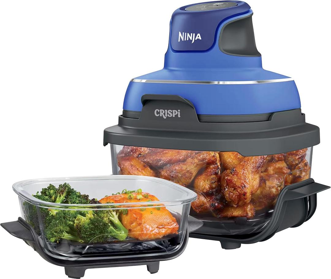 Ninja Crispi Air Fryer, Microwave, Freezer & Dishwasher Safe, Non Toxic Glass Portable Cooking System, 4 QT & 6 Cup Glass Containers with Storage Lids, Easy Meals, Air Fry, Bake, Blue