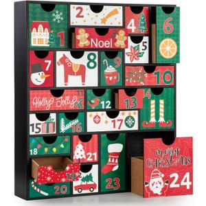 LARAINE Advent Calendar 2025 Christmas 15 Inch Wooden with Drawers, Christmas Holiday illustration Wood Advent Calendar for Kids Adults, Xmas Decorative 24 Empty Boxes to Fill