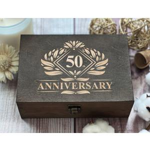Golden 50th Anniversary - Engraved Wooden Box, Celebrate Half a Century Together (8.5 x 6 x 3 in)