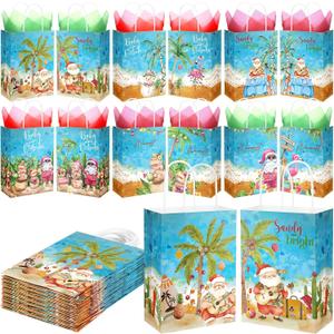 Sinload 48 Sets Summer Christmas Party Gift Bags with Tissue Paper Xmas in July Santa Tropical Goodie Bags with Handle Christmas Treat Tote Hawaiian Flamingo for Beach Pool Birthday Party Decoration