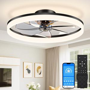 VOLISUN Low Profile Ceiling Fans with Lights and Remote, 27.6in Fandelier Ceiling Fan Flush Mount, 3000K-6500K Smart Bladeless LED Fan Light, Black Modern Ceiling Fans with Lights for Bedroom