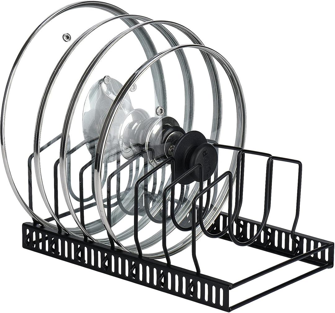 Toplife Pot Lids Organizer Rack for Cabinet and Countertop, 7+ Pan Lids and Bakeware Organizer Rack Holder with 7 Adjustable Compartments - Black