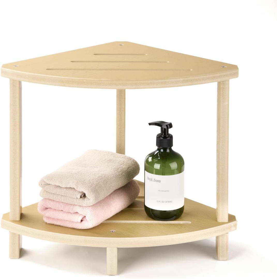 Corner Shower Stool for Inside Shower, 17in Shower Foot Rest for Shaving Legs with Storage Shelf 2-Tier, Waterproof Bath Stool Bench for Small Spaces Bathroom Seat