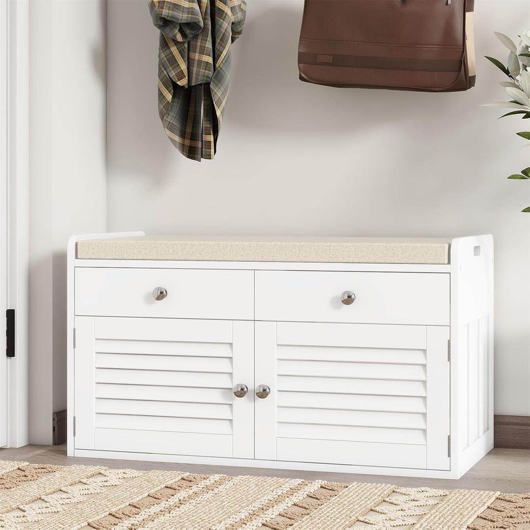 2-Tier Storage Bench, Shoe Bench with Padded Seat Cushion, Entryway Bench with 2 Drawers & Adjustable Shelves, White