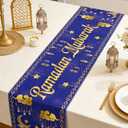 Ramadan Mubarak Table Runner, 13x72 Inch Blue Gold Eid Mubarak Table Runner for Home Party Decoration, Crescent Moon Star Eid Family Party Dining Room Table Decorations