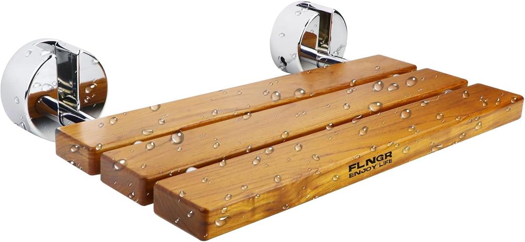 20 inchs Teak Folding Shower Seat Wall Mounted,Fold Down Shower Bench for Shower Space, Home Care Teak Wood Stool for Inside Shower,Pregnants-Maximum Load 440lb (Glossy & Yellow)
