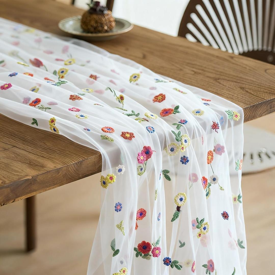 Embroidery Daisy Gauze Floral Table Runner 120 inch 10ft Seasonal Tulle Fabric Holiday Kitchen Dining Table Decoration for Bridal Shower Wedding, Birthday, Valentine's Day Party (Ivory)
