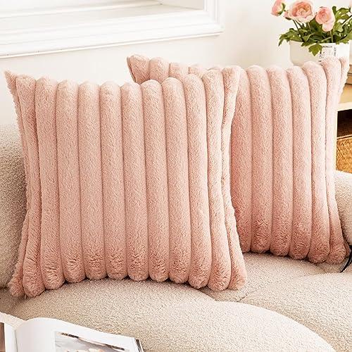 BAOLIZEGAO Double-Sided Faux Fur Plush Throw Pillow Covers 16x16 Set of 2 Fuzzy Striped Soft Cozy Pillowcase Luxury Decorative Pillows Square Shaggy Cushion Covers for Couch Sofa Bed,Pink