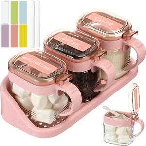 Suclain 3 Pcs Sugar Coffee Container Set 16 oz Glass Condiment Jar Spice Container Coffee Station Organizer Set with Label Stickers Scoop for Bean and Sugar Candy, Oats, Nuts(Pink)